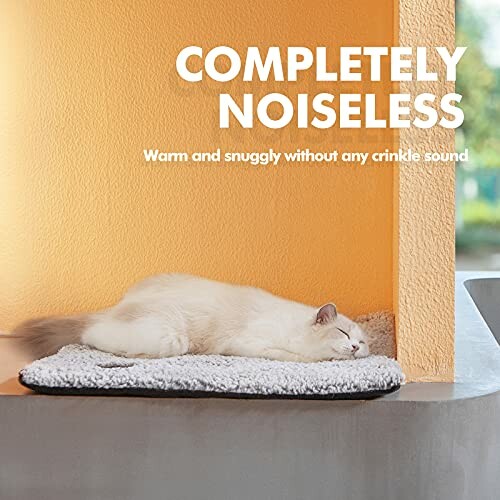 White cat sleeping on cozy mat with text 'Completely Noiseless'.