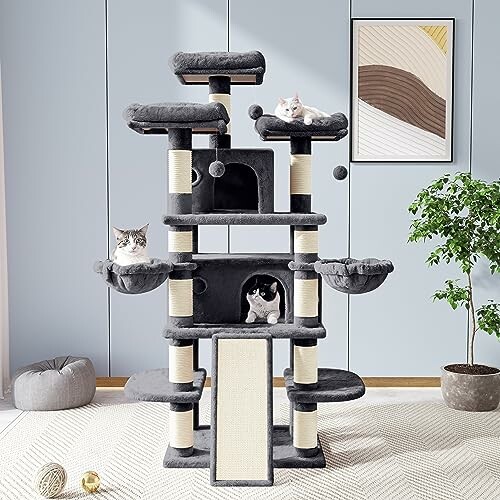 Cats lounging on a multi-level cat tree in a room.