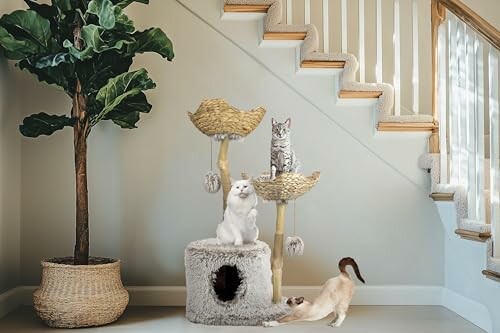 Three cats on a cat tree near a staircase and potted plant.