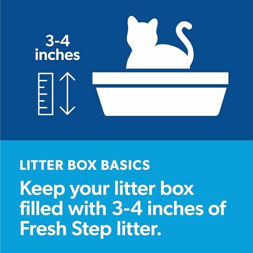 Illustration of a cat in a litter box with text advising 3-4 inches of litter.