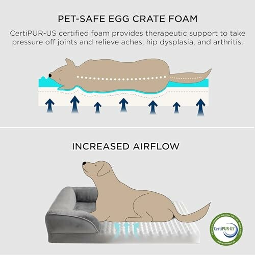 Illustration of a dog on pet-safe egg crate foam showing pressure relief and increased airflow.